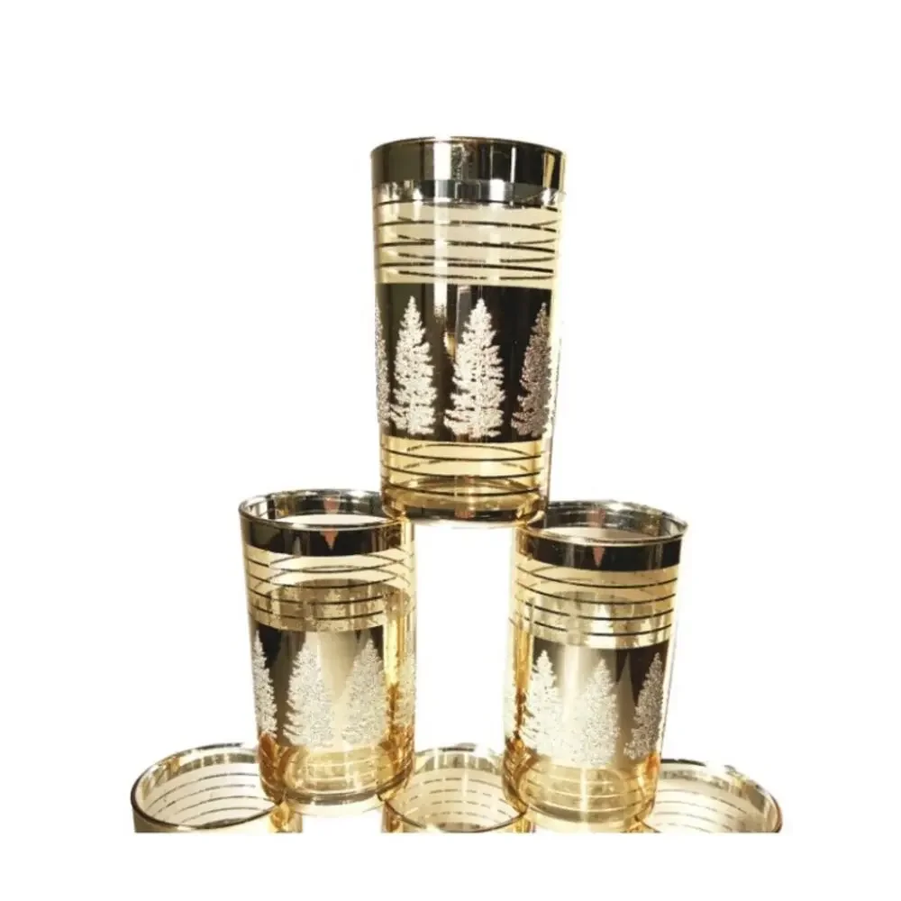 Vintage 1970s Gold Striped Christmas Glasses- Set of 6